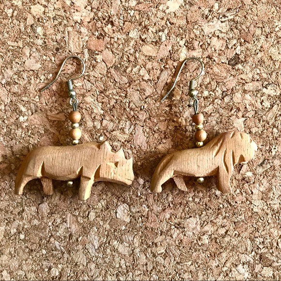 Vintage African Hand Carved Wooden Earrings - Picture 2 of 5
